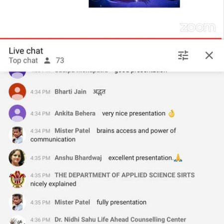 Invited as a Speaker, to speak on the topic ''Mind & it's Healing Capacities'', at Value Based National e -Mentoring Series on 25th August, 2020. The Series was organized by Govt. Girls' Post Graduate College, Ujjain in collaboration with Maulana Azad National Institute of Technology (MANIT), Bhopal ( Supported by : MPHEQIP, Govt. of Madhya Pradesh).